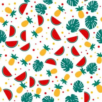 Summer seamless pattern with watermelons, pineapples and palm leaves. Seasona Stock Illustration