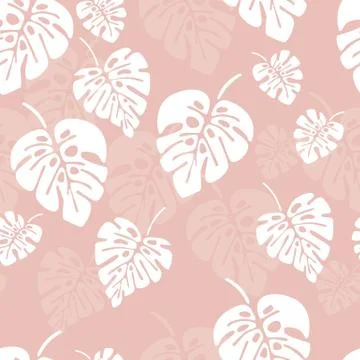 Summer seamless pattern with white monstera palm leaves on pink background Stock Illustration