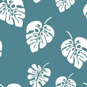 Summer seamless pattern with white monstera palm leaves on blue background Stock Illustration