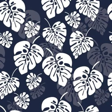 Summer seamless pattern with white monstera palm leaves on blue background Stock Illustration