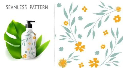 Summer seamless patterns, demonstrated on mockup installation with bottle. Ca Stock Illustration
