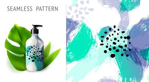 Summer seamless patterns, demonstrated on mockup installation with bottle. Ca Stock Illustration