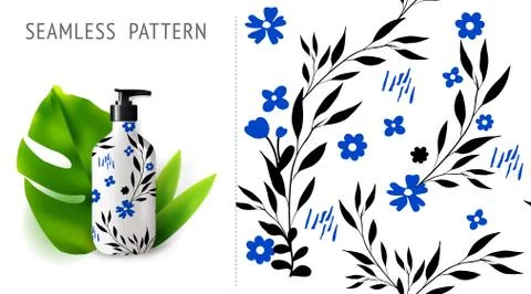 Summer seamless patterns, demonstrated on mockup installation with bottle. Ca Stock Illustration