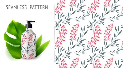 Summer seamless patterns, demonstrated on mockup installation with bottle. Ca Stock Illustration