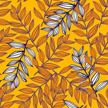 Summer seamless random doodle pattern with foliage contoured elements. Orange Stock Illustration