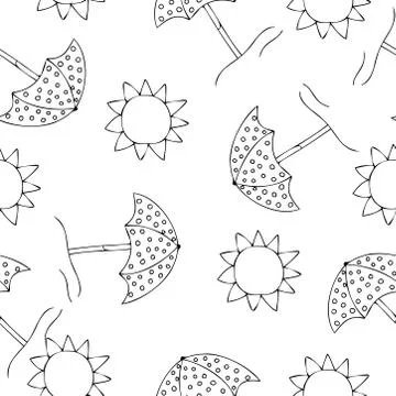 Summer seamless repeat pattern with sun and umbrella doodle icons Stock Illustration