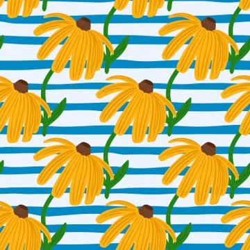 Summer seamless sunflower elements pattern. Bright yellow flower silhouettes  Stock Illustration