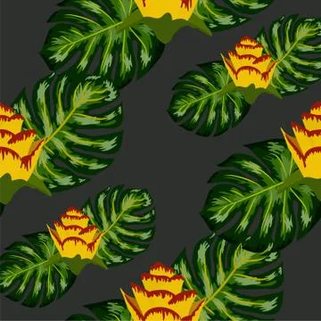 Summer seamless tropical pattern with bright yellow and pink plants and leave Stock Illustration