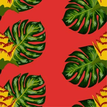 Summer seamless tropical pattern with bright yellow and pink plants and leave Stock Illustration