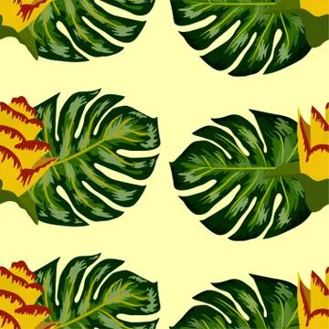 Summer seamless tropical pattern with bright yellow and pink plants and leave Stock Illustration