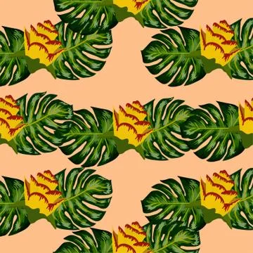 Summer seamless tropical pattern with bright yellow and pink plants and leave Stock Illustration