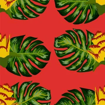 Summer seamless tropical pattern with bright yellow and pink plants and leave Stock Illustration