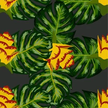 Summer seamless tropical pattern with bright yellow and pink plants and leave Stock Illustration