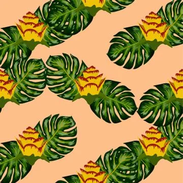Summer seamless tropical pattern with bright yellow and pink plants and leave Stock Illustration