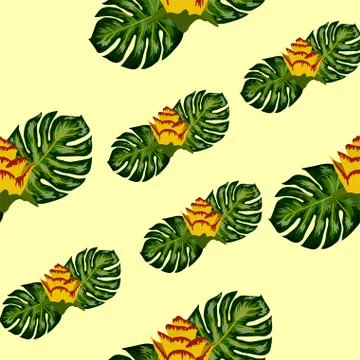 Summer seamless tropical pattern with bright yellow and pink plants and leave Stock Illustration