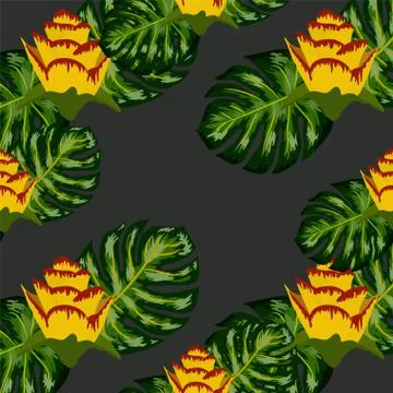 Summer seamless tropical pattern with bright yellow and pink plants and leave Stock Illustration
