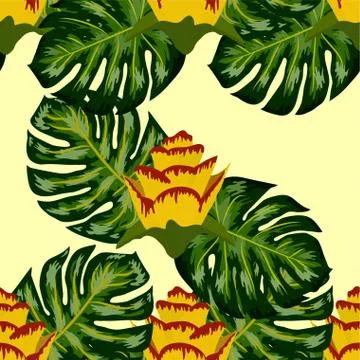 Summer seamless tropical pattern with bright yellow and pink plants and leave Stock Illustration