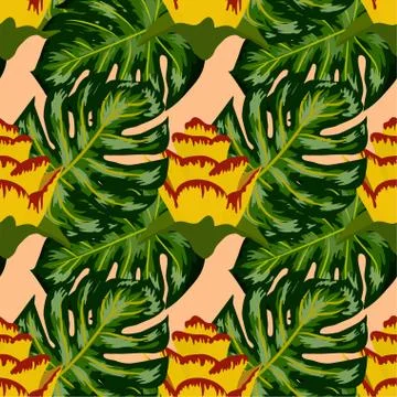 Summer seamless tropical pattern with bright yellow and pink plants and leave Stock Illustration