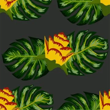 Summer seamless tropical pattern with bright yellow and pink plants and leave Stock Illustration