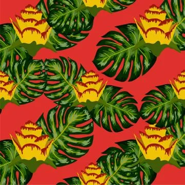 Summer seamless tropical pattern with bright yellow and pink plants and leave Stock Illustration