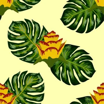 Summer seamless tropical pattern with bright yellow and pink plants and leave Stock Illustration