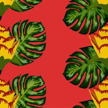 Summer seamless tropical pattern with bright yellow and pink plants and leave Stock Illustration