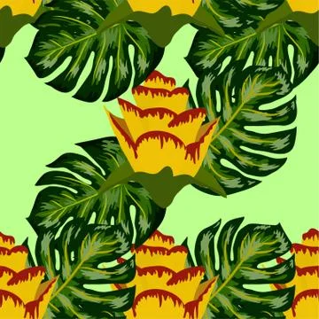 Summer seamless tropical pattern with bright yellow and pink plants and leave 스톡 일러스트