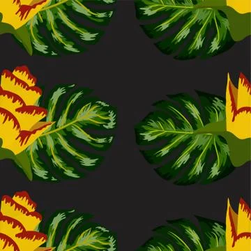 Summer seamless tropical pattern with bright yellow and pink plants and leave 스톡 일러스트