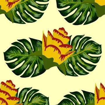 Summer seamless tropical pattern with bright yellow and pink plants and leave Stock Illustration