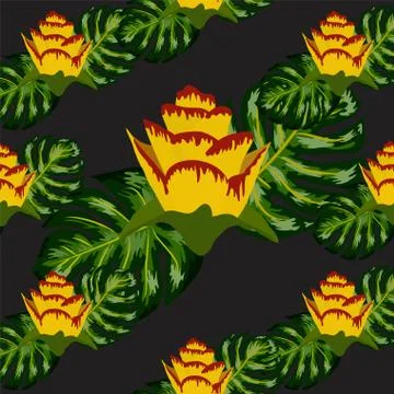 Summer seamless tropical pattern with bright yellow and pink plants and leave Stock Illustration
