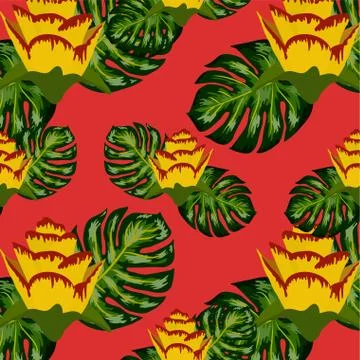 Summer seamless tropical pattern with bright yellow and pink plants and leave Stock Illustration