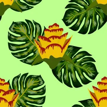 Summer seamless tropical pattern with bright yellow and pink plants and leave Stock Illustration