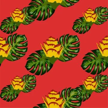 Summer seamless tropical pattern with bright yellow and pink plants and leave Stock Illustration