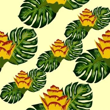 Summer seamless tropical pattern with bright yellow and pink plants and leave Stock Illustration