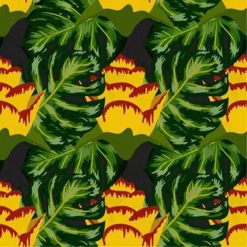 Summer seamless tropical pattern with bright yellow and pink plants and leave Stock Illustration