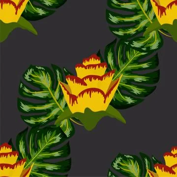 Summer seamless tropical pattern with bright yellow and pink plants and leave Stock Illustration