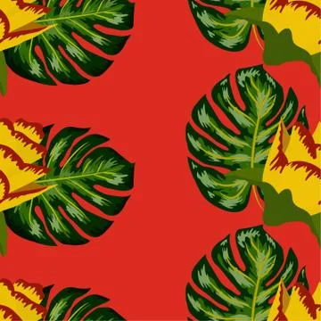 Summer seamless tropical pattern with bright yellow and pink plants and leave Stock Illustration