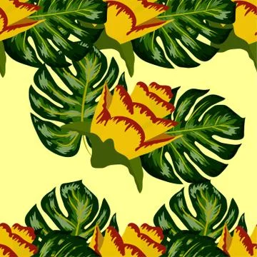 Summer seamless tropical pattern with bright yellow and pink plants and leave Stock Illustration