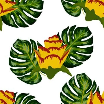 Summer seamless tropical pattern with bright yellow and pink plants and leave Stock-Illustration