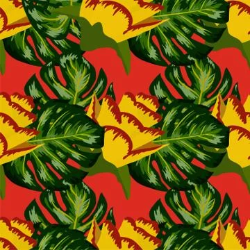 Summer seamless tropical pattern with bright yellow and pink plants and leave Stock Illustration