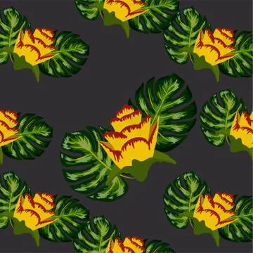 Summer seamless tropical pattern with bright yellow and pink plants and leave Stockillustratie