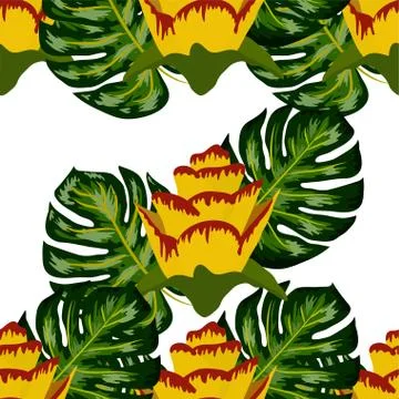 Summer seamless tropical pattern with bright yellow and pink plants and leave Stock Illustration