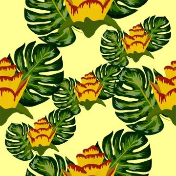 Summer seamless tropical pattern with bright yellow and pink plants and leave Stock Illustration