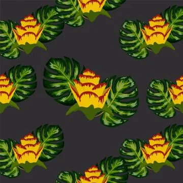 Summer seamless tropical pattern with bright yellow and pink plants and leave Stock Illustration