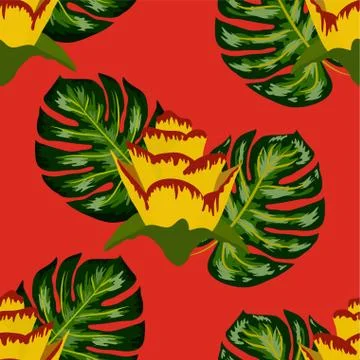 Summer seamless tropical pattern with bright yellow and pink plants and leave Stock Illustration