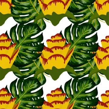 Summer seamless tropical pattern with bright yellow and pink plants and leave Stock Illustration