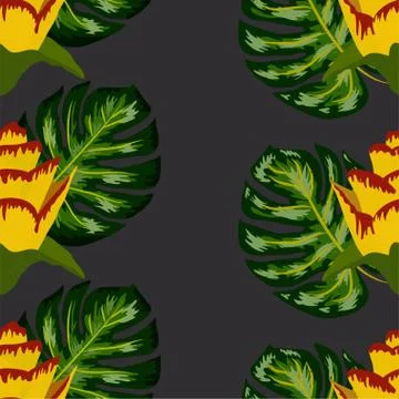 Summer seamless tropical pattern with bright yellow and pink plants and leave Stock Illustration