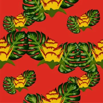 Summer seamless tropical pattern with bright yellow and pink plants and leave Stock Illustration