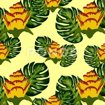 Summer Seamless Pattern Yellow Green Tropical Stock Vector