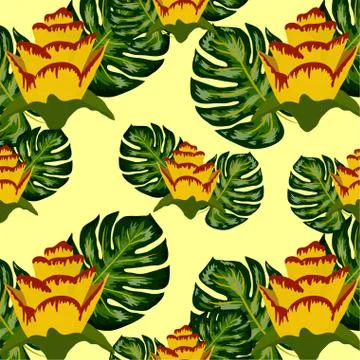 Summer seamless tropical pattern with bright yellow and pink plants and leave Stock Illustration